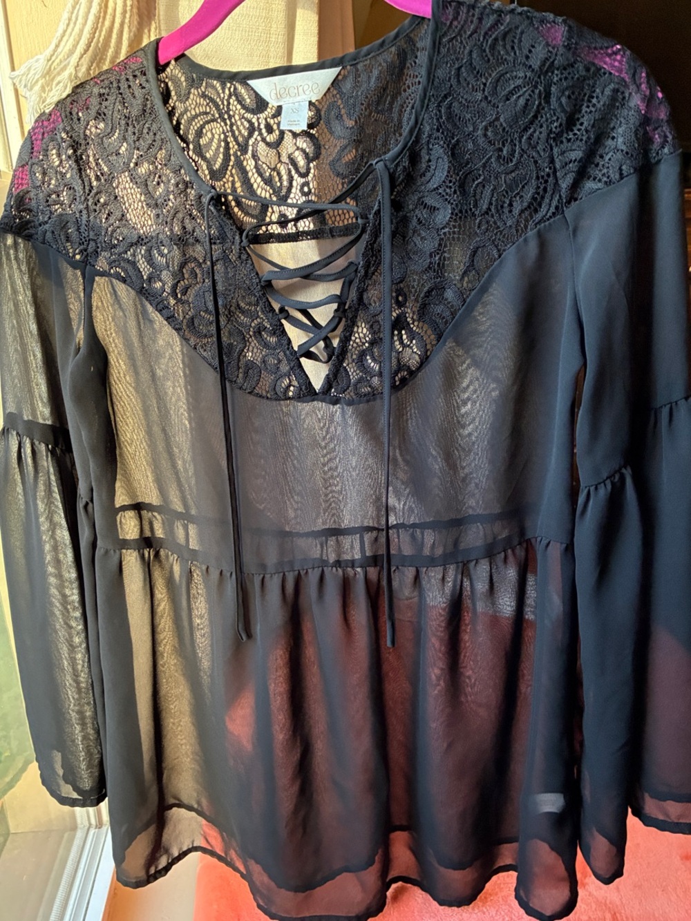 Decree - Black Sheer Lace-Up Peasant Blouse